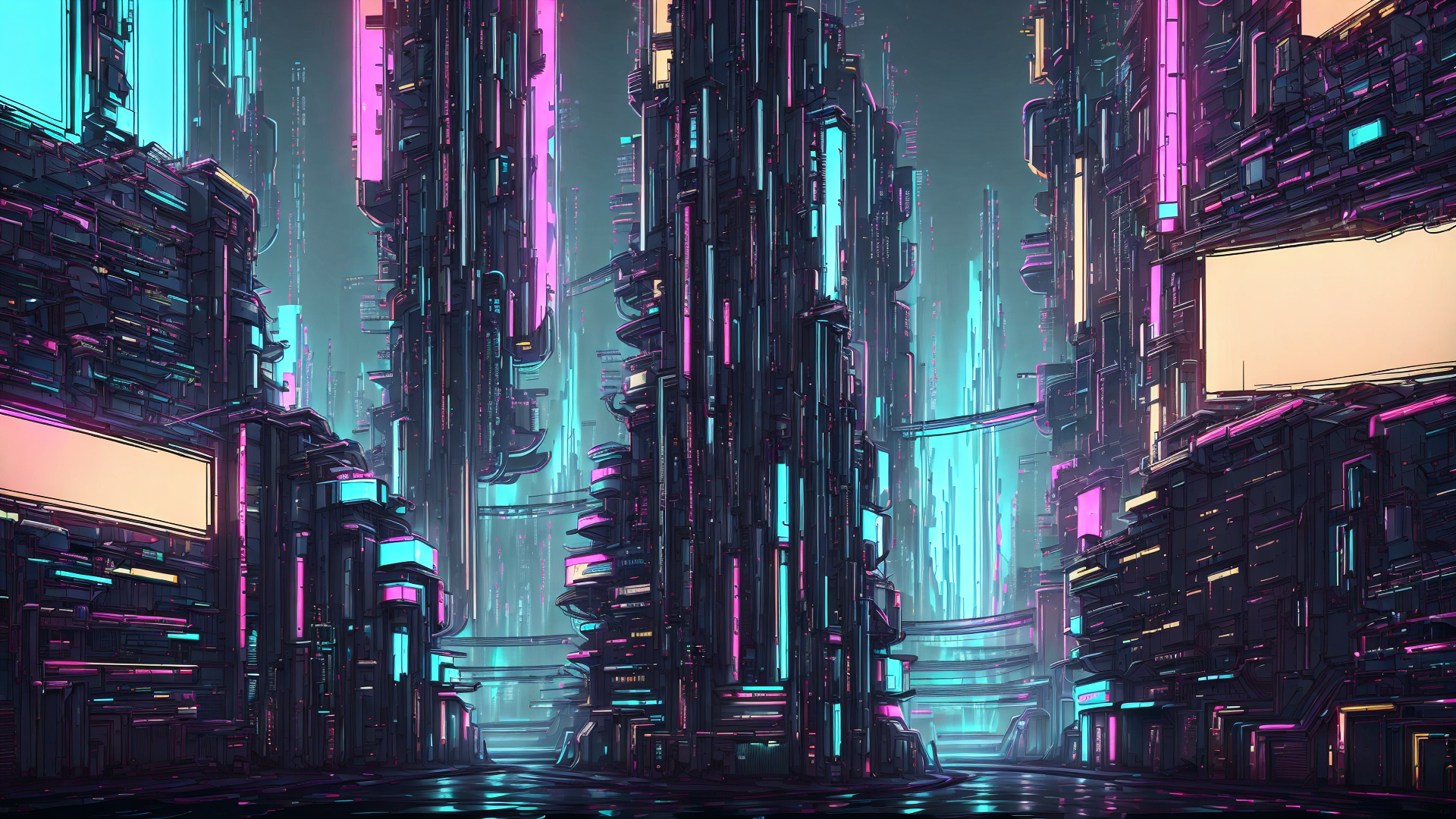 AI generated wallpaper featuring cityscape, neon, buildings