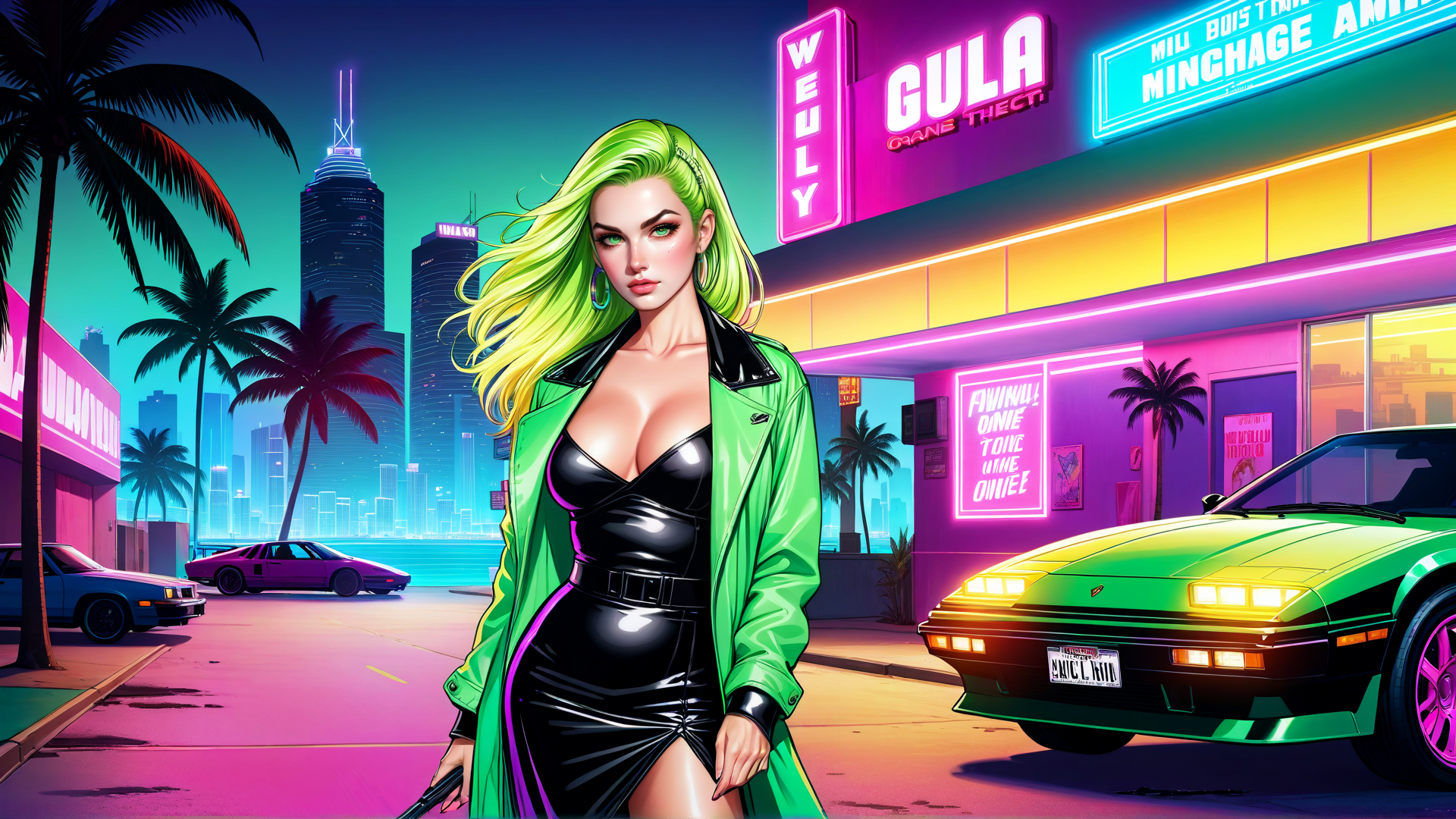 AI generated wallpaper featuring woman, car, neon, palm tree, city