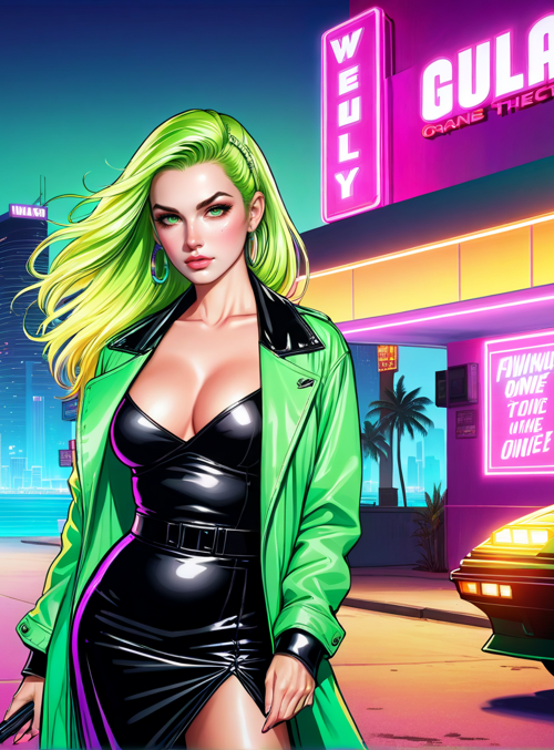 woman, car, neon, palm tree, city