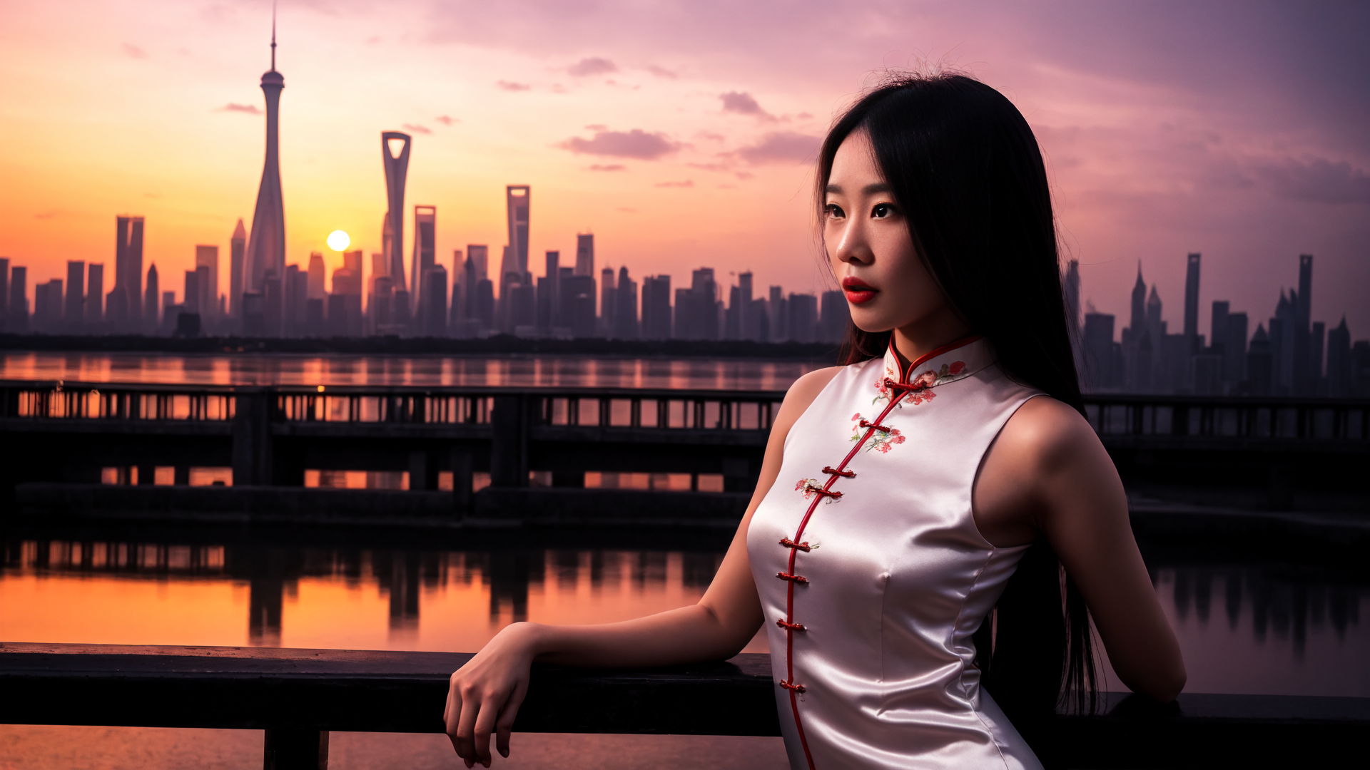 AI generated wallpaper featuring woman, qipao, cityscape