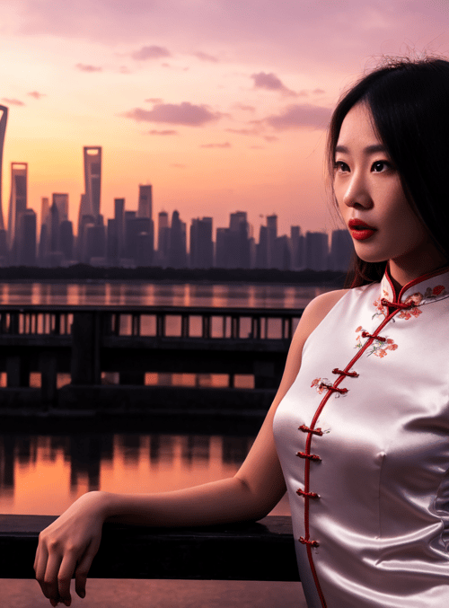 woman, qipao, cityscape