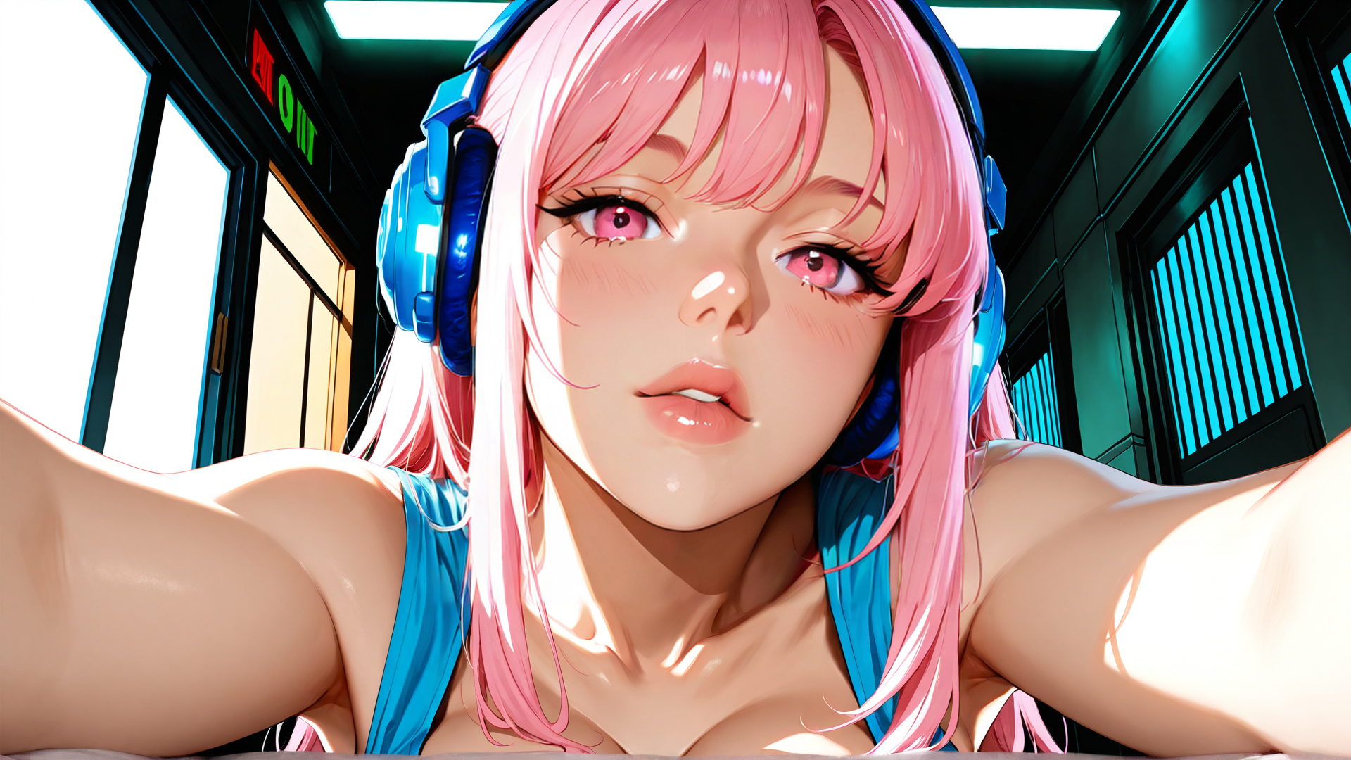 AI generated wallpaper featuring girl, anime, headphones, pink hair, blue top