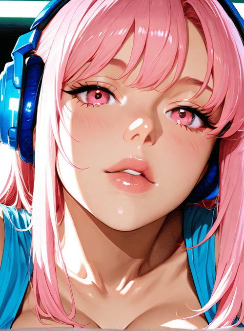 girl, anime, headphones, pink hair, blue top