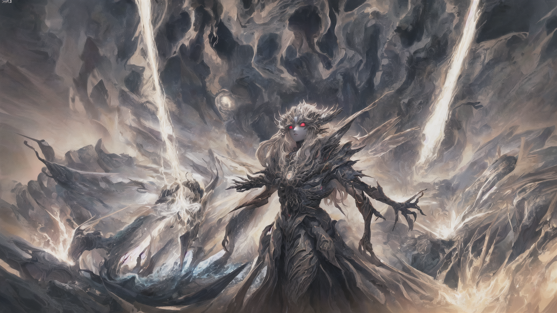 AI generated wallpaper featuring dark deity, angelic figure, mythical entity