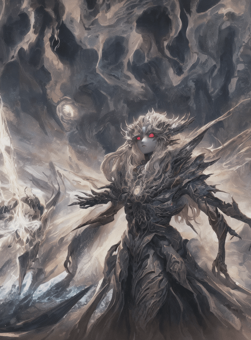 dark deity, angelic figure, mythical entity