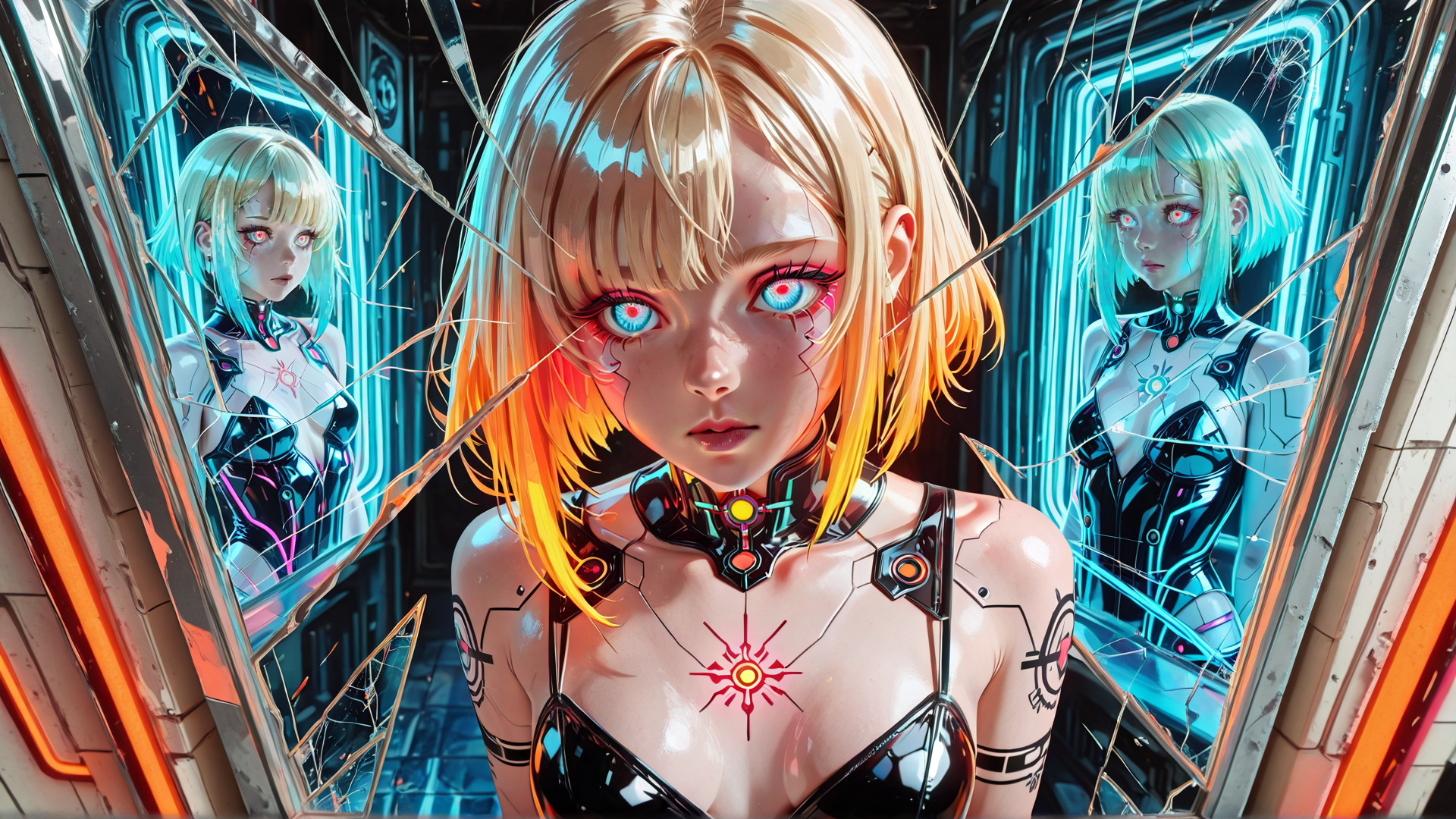 AI generated wallpaper featuring cyborg, anime girl, mirror, neon, futuristic