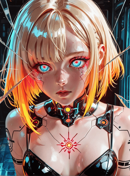 cyborg, anime girl, mirror, neon, futuristic
