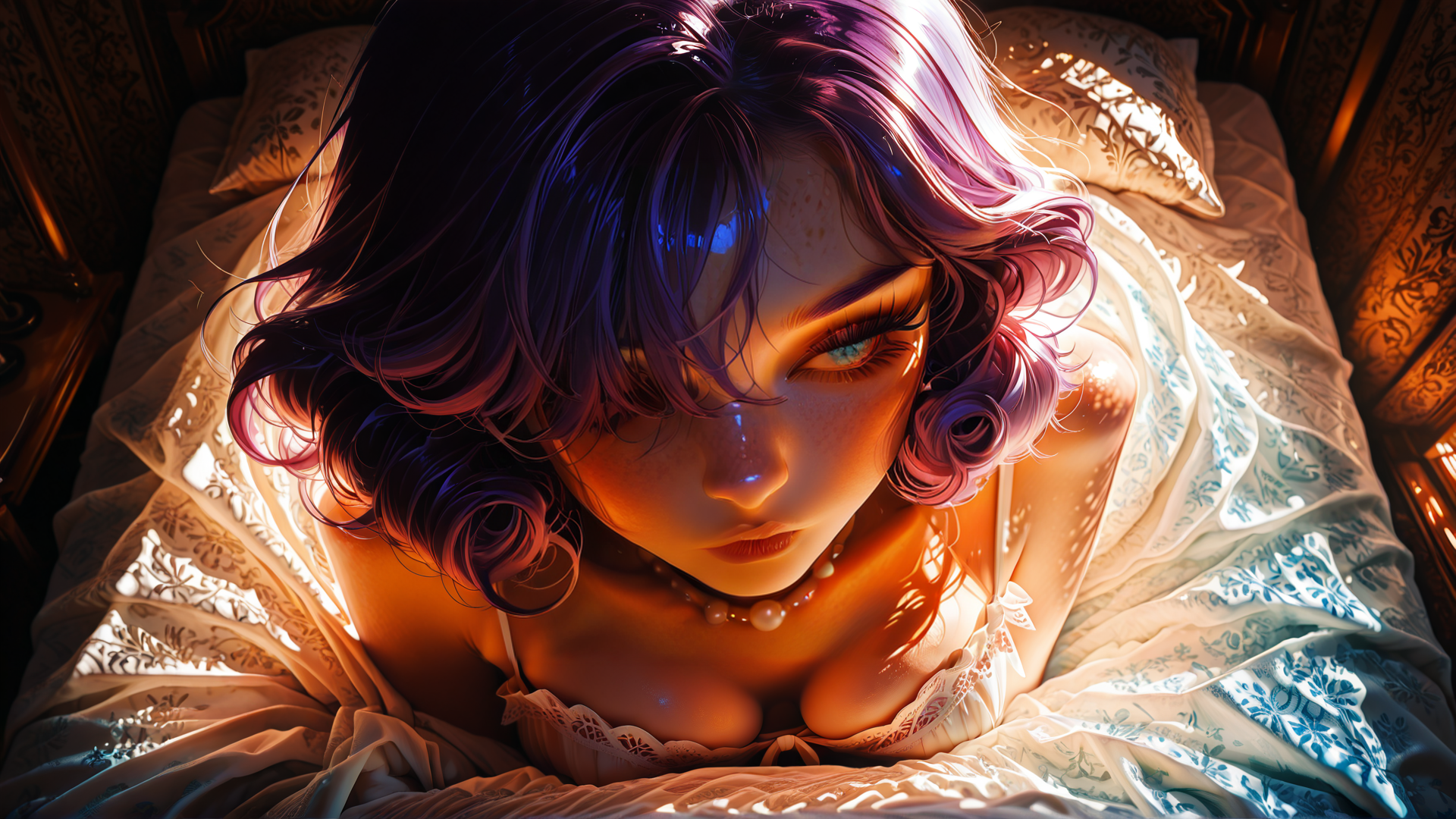 AI generated wallpaper featuring woman, bed, hair, pillow, dress, necklace, sunlight, bedding, curtain, room