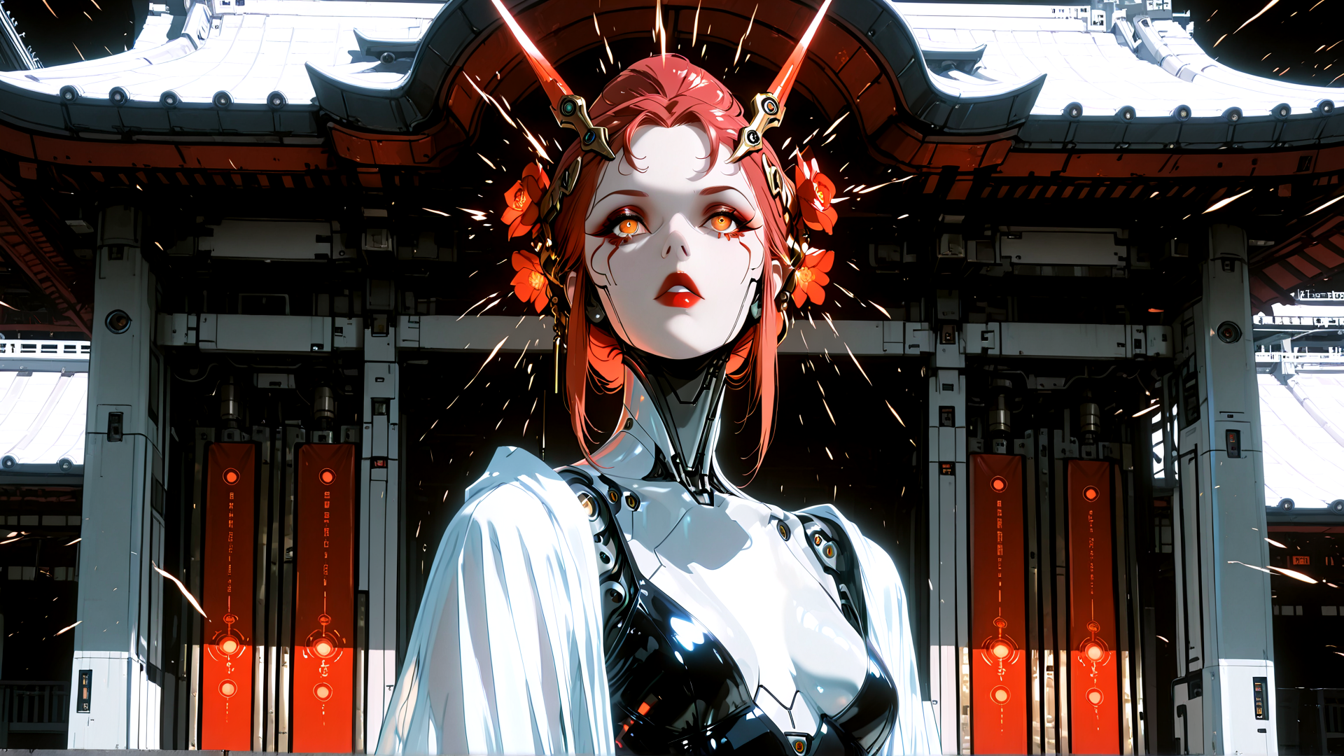 AI generated wallpaper featuring cyborg, woman, robot, red hair, flower, gears, swords