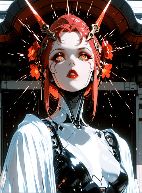 cyborg, woman, robot, red hair, flower, gears, swords