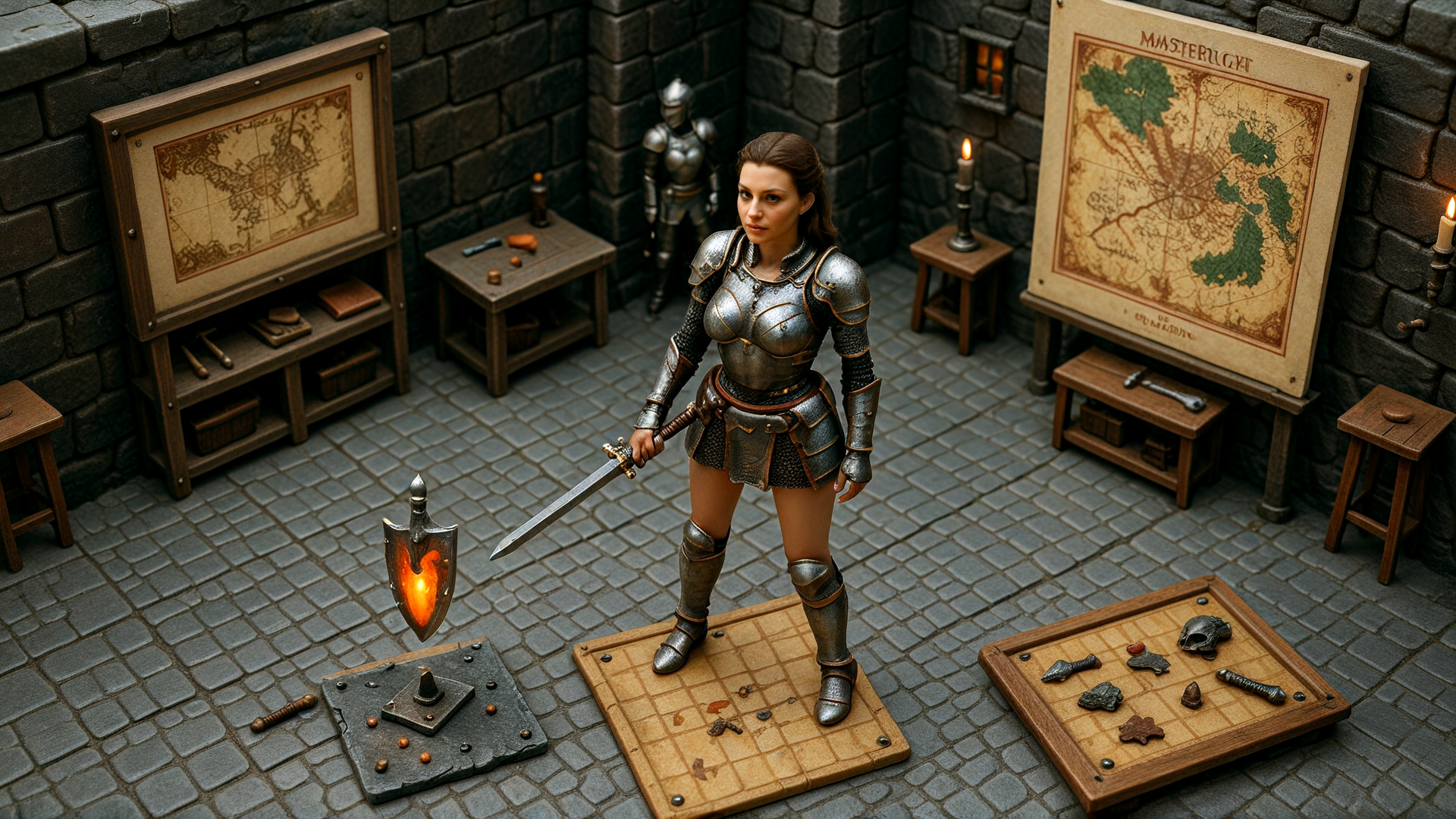 AI generated wallpaper featuring warrior, armor, sword, map, candle, shield, table, statue, stone, globe