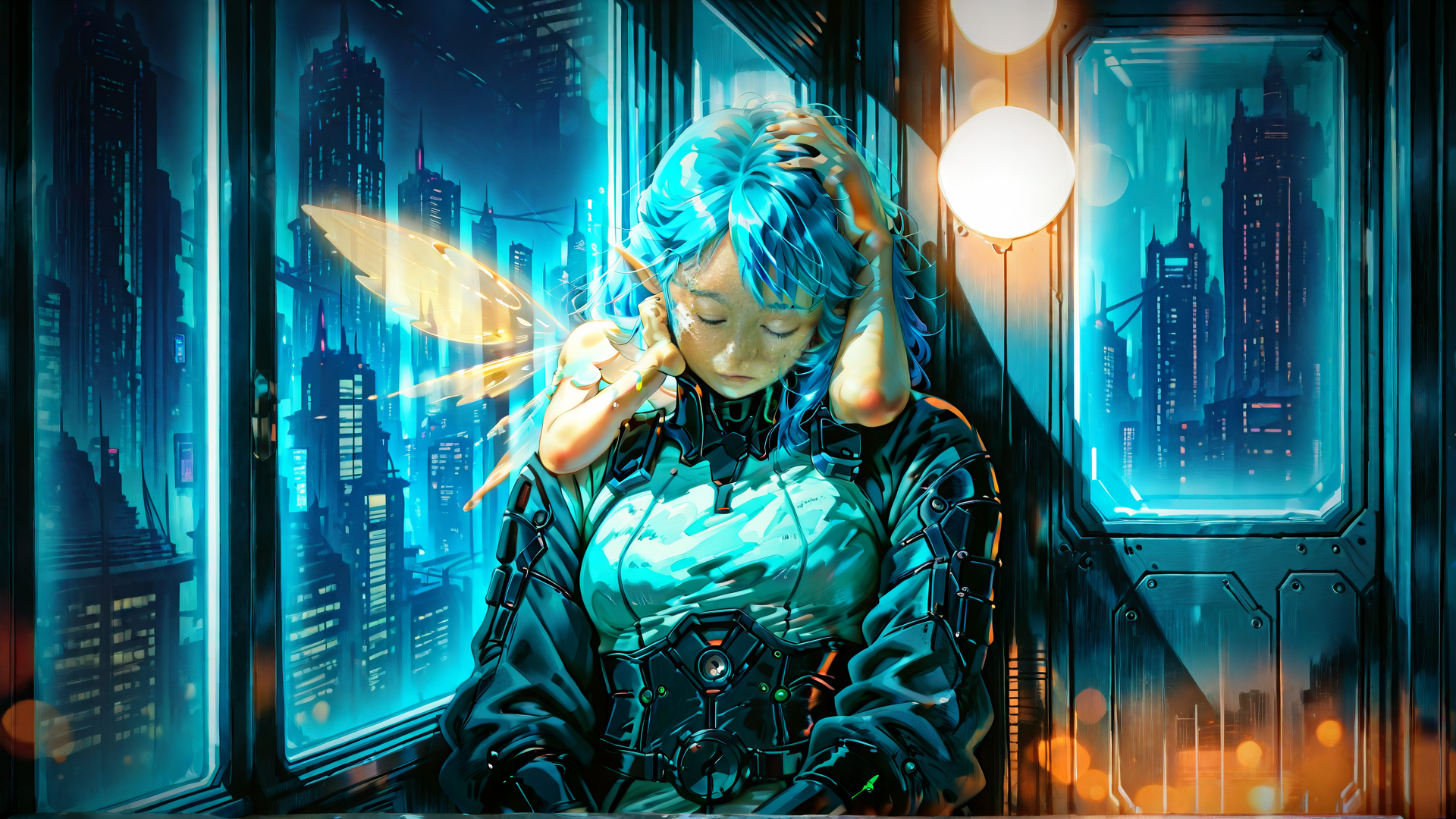 AI generated wallpaper featuring cyborg, elf, city