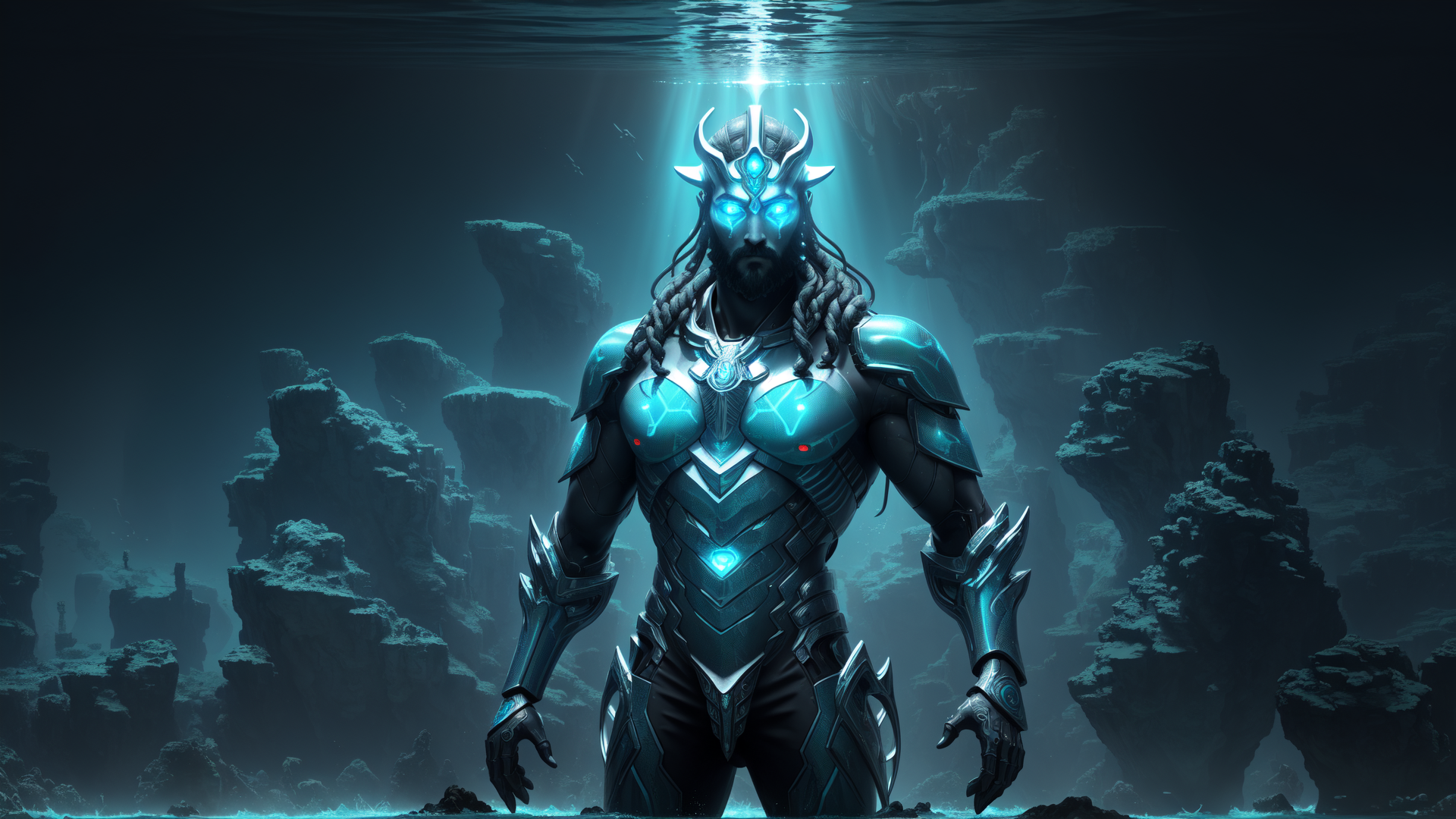 AI generated wallpaper featuring merman, underwater, armor