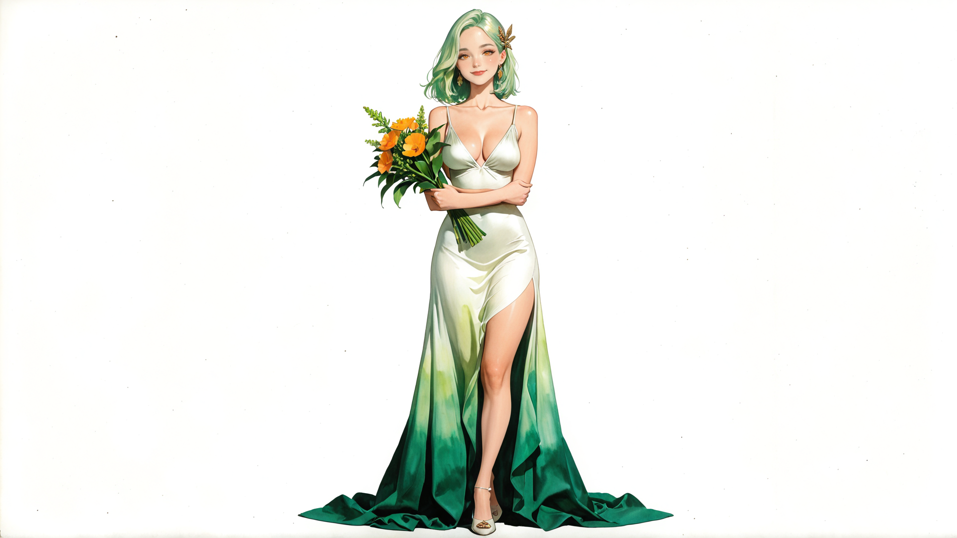 AI generated wallpaper featuring woman, dress, flowers, bouquet, hair