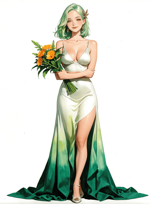 woman, dress, flowers, bouquet, hair