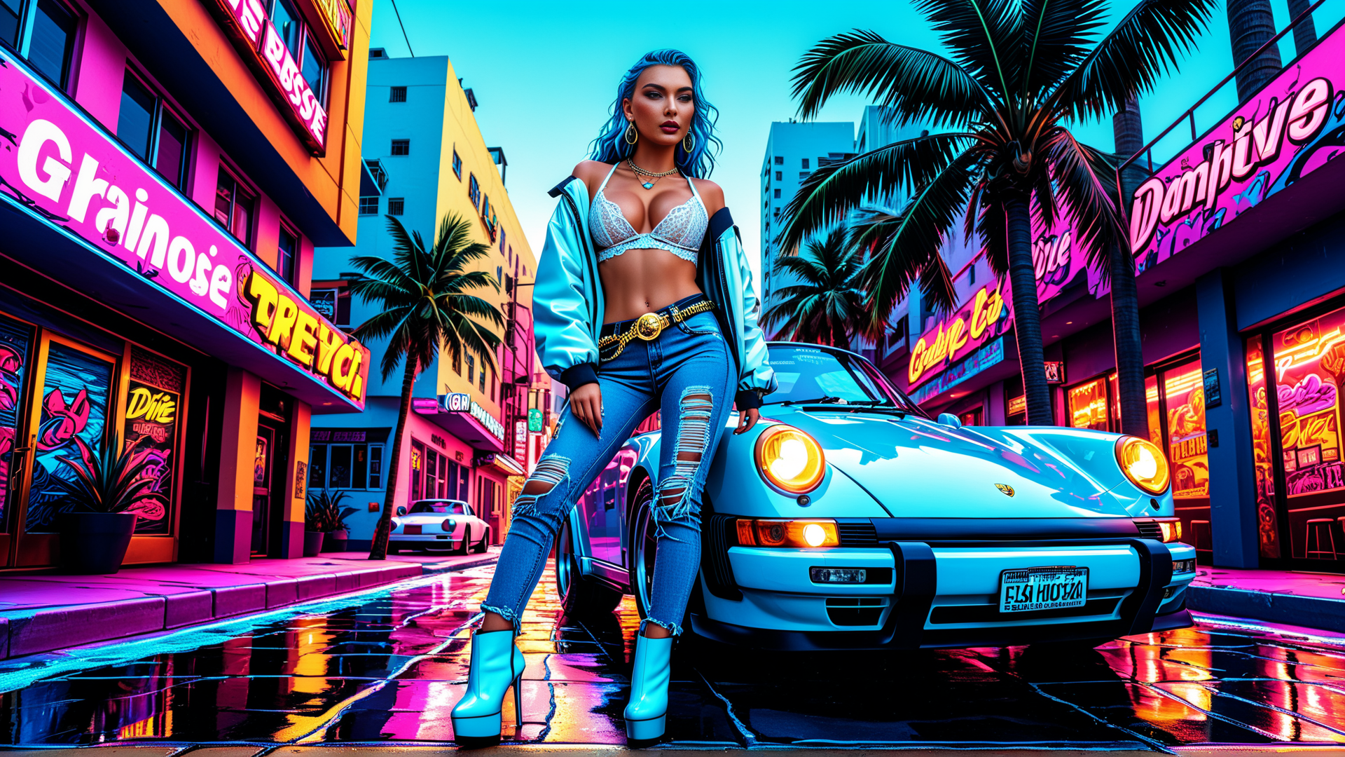AI generated wallpaper featuring woman, car, street