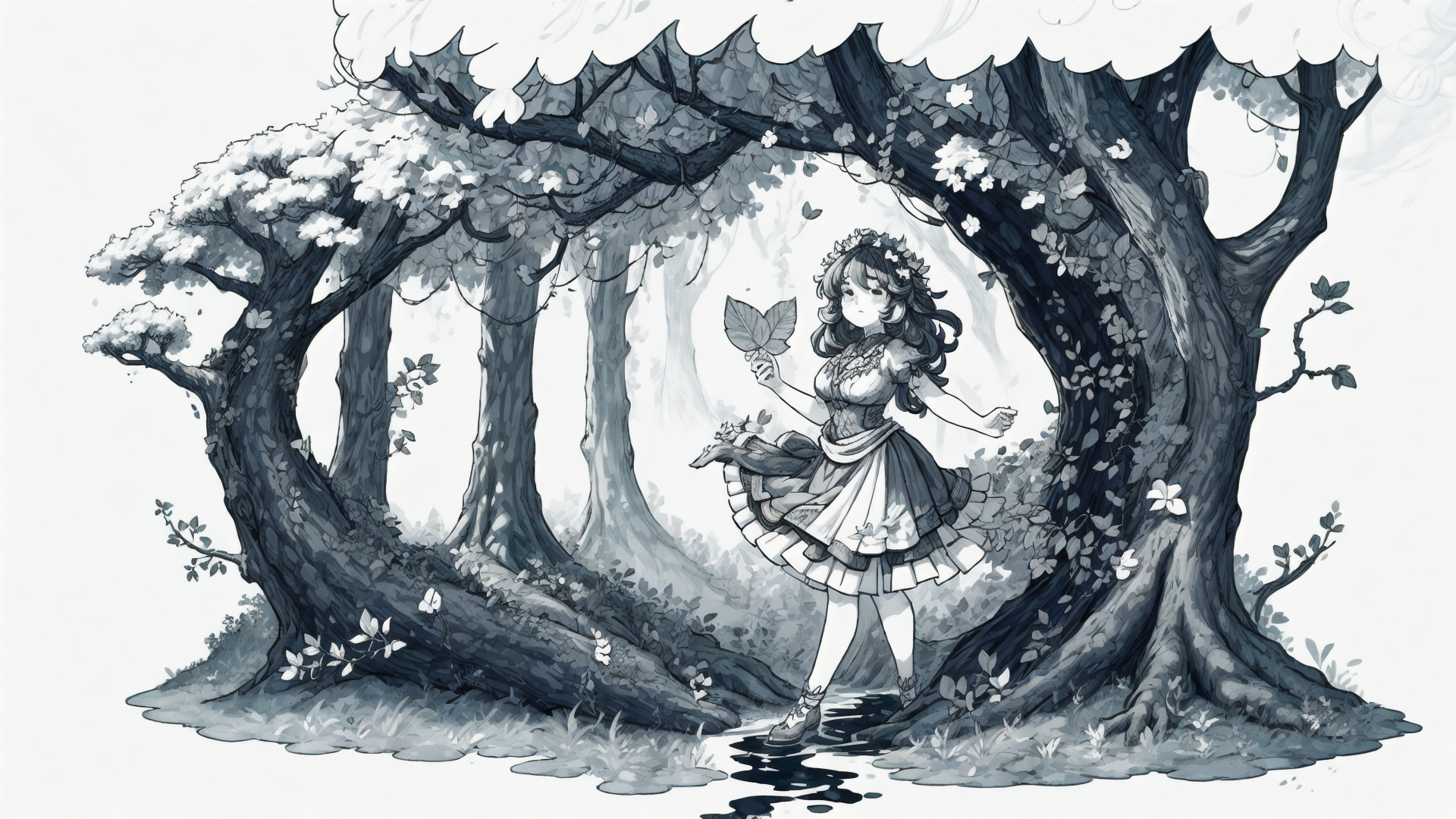 AI generated wallpaper featuring girl, tree, leaf, forest, flower