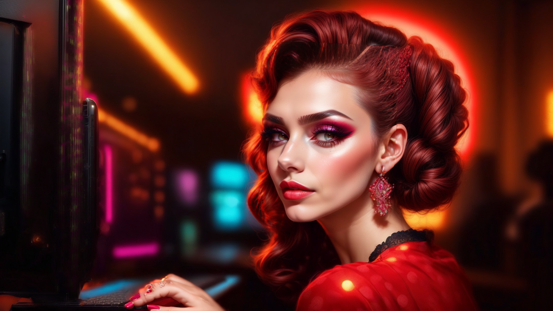 AI generated wallpaper featuring woman, computer, gaming
