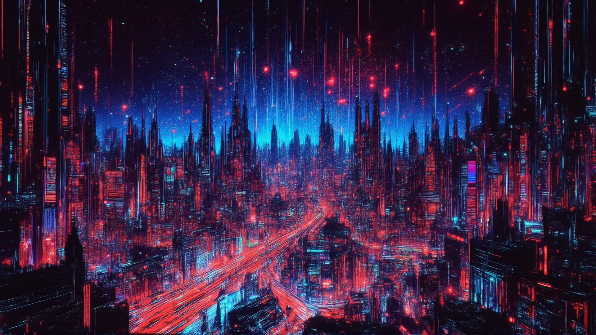 AI generated wallpaper featuring city, skyscrapers, neon, roads, buildings, lights, futurism, urban, cyberpunk, night