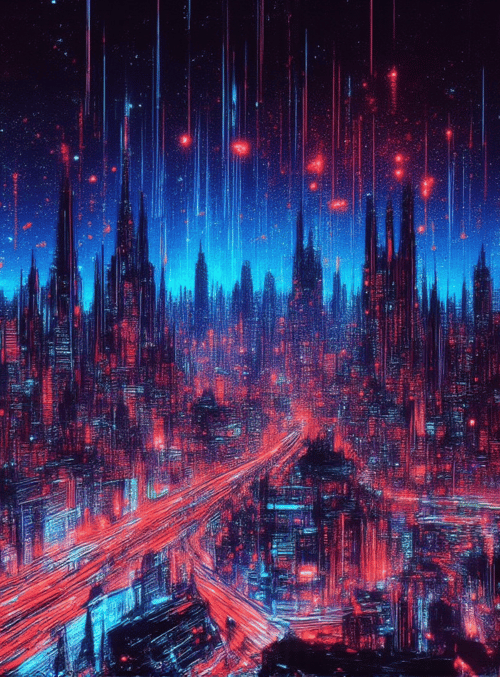 city, skyscrapers, neon, roads, buildings, lights, futurism, urban, cyberpunk, night