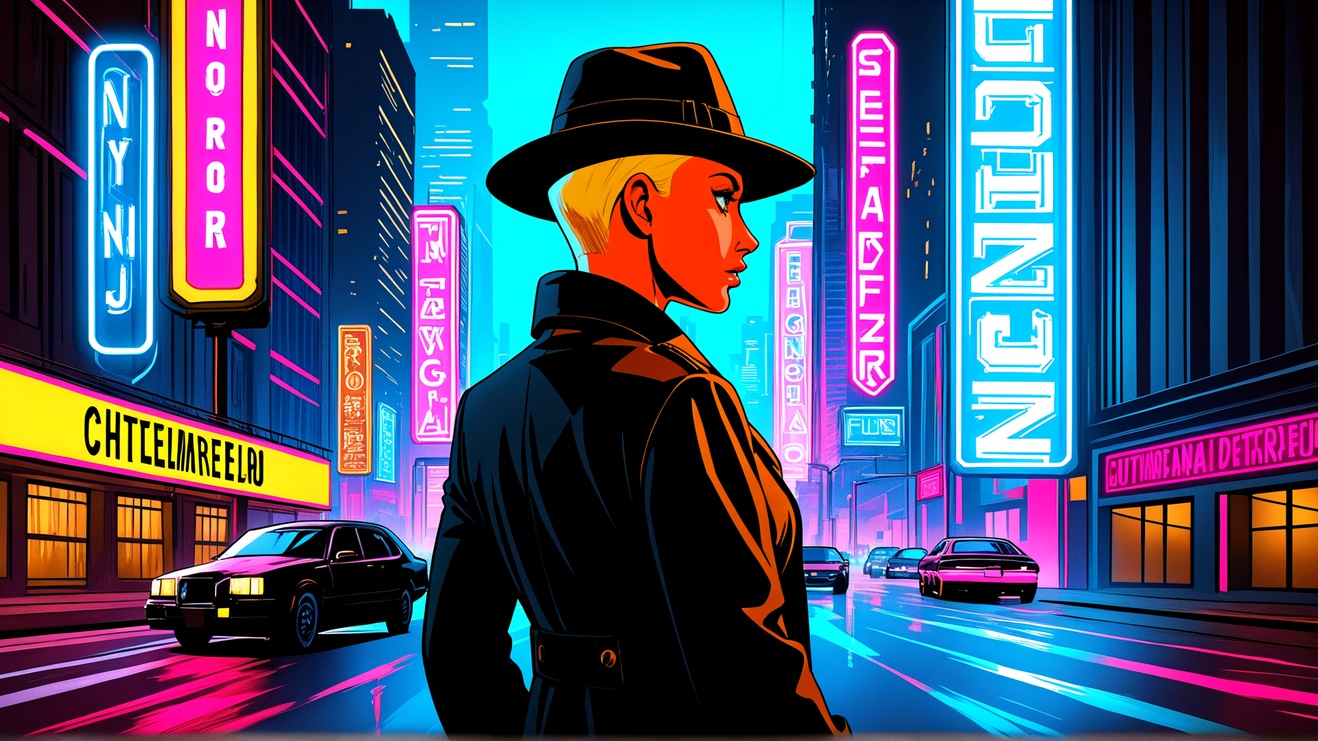 AI generated wallpaper featuring woman, hat, city, neon, cars, signs, street, buildings, coat, skyline
