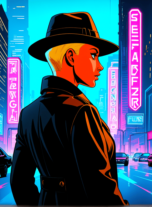 woman, hat, city, neon, cars, signs, street, buildings, coat, skyline