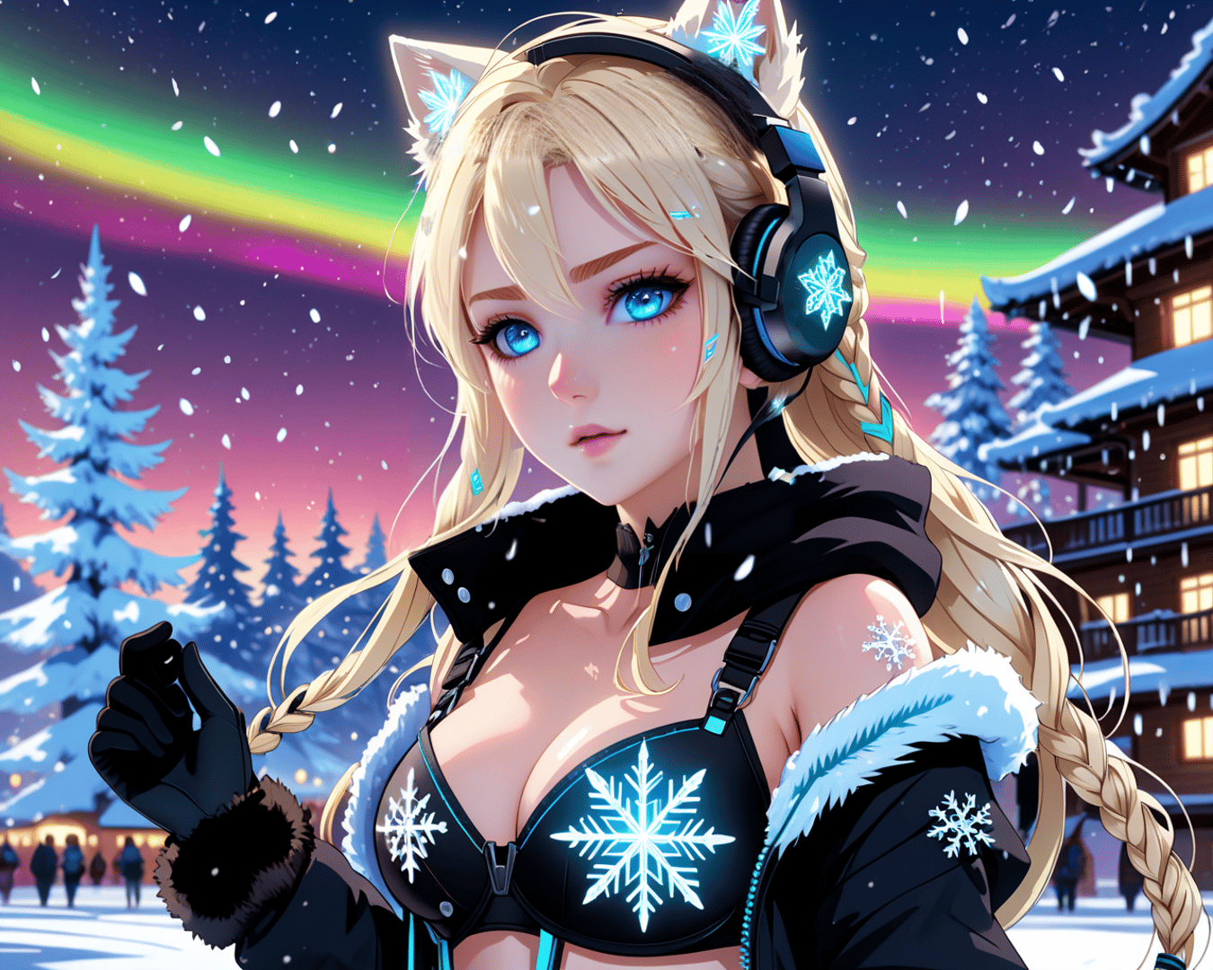 AI generated wallpaper featuring girl, snow, aurora