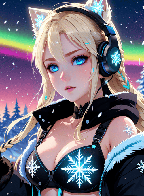 girl, snow, aurora