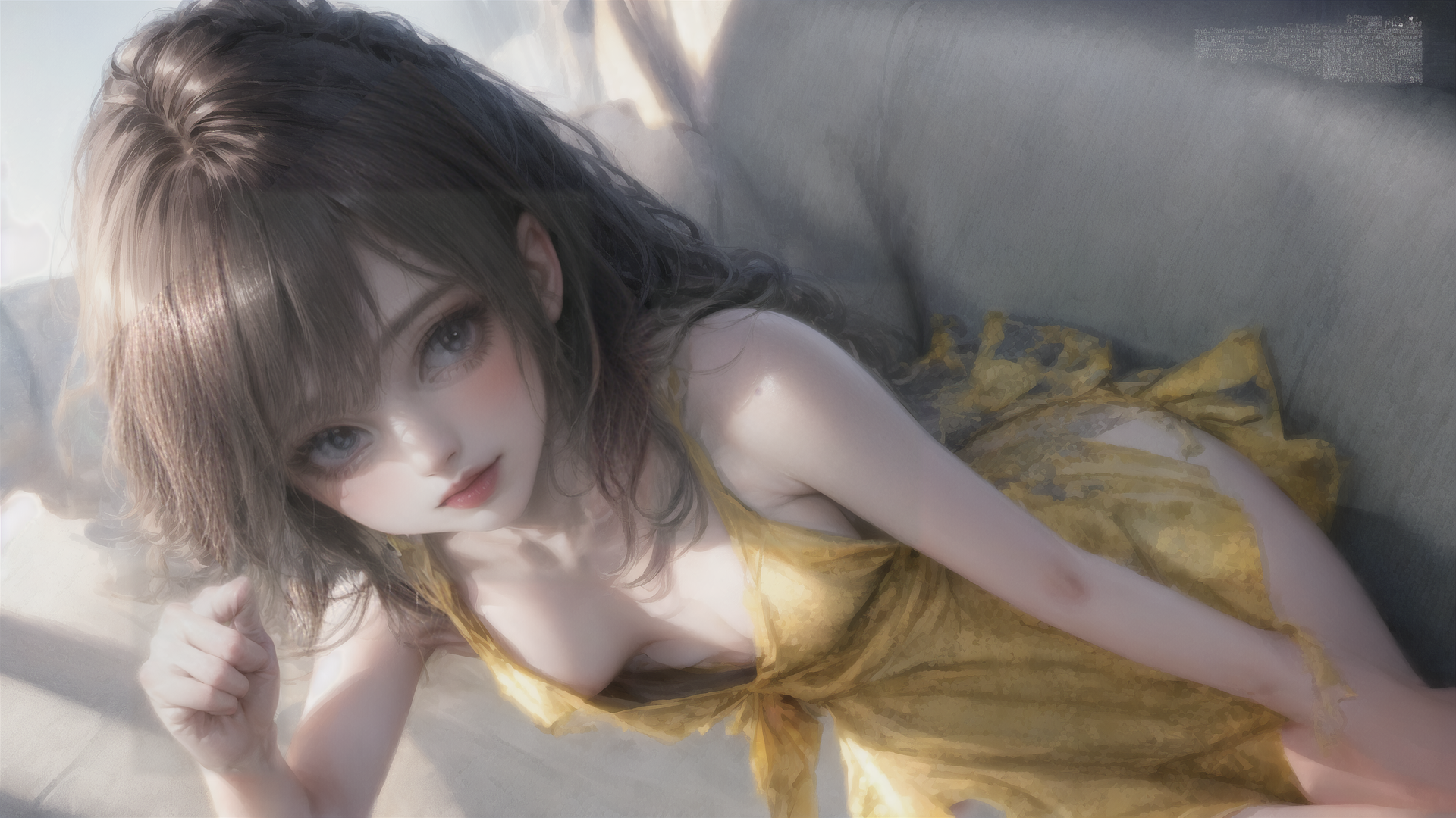 AI generated wallpaper featuring woman, dress, sofa