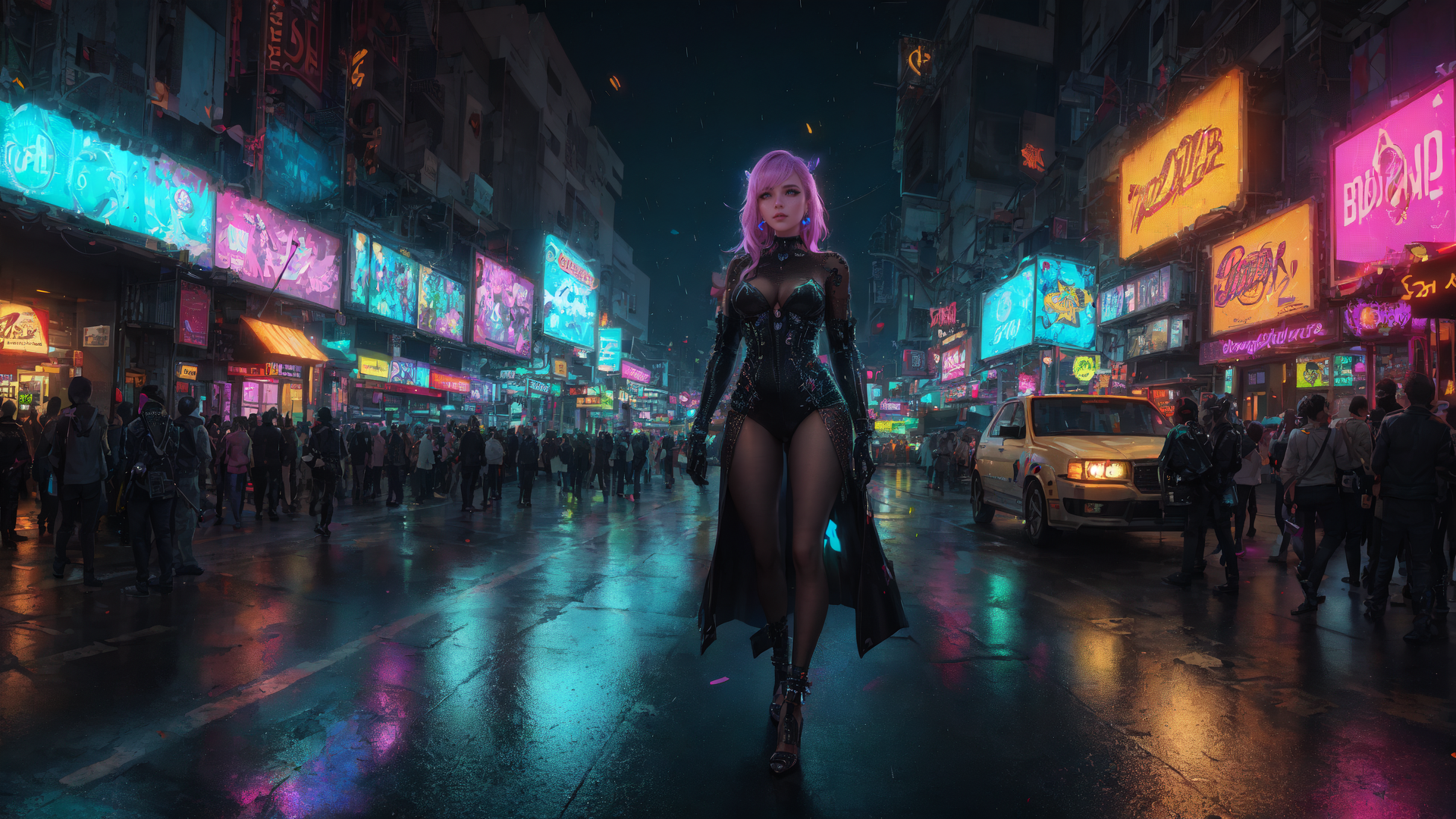 AI generated wallpaper featuring woman, cyberpunk, street