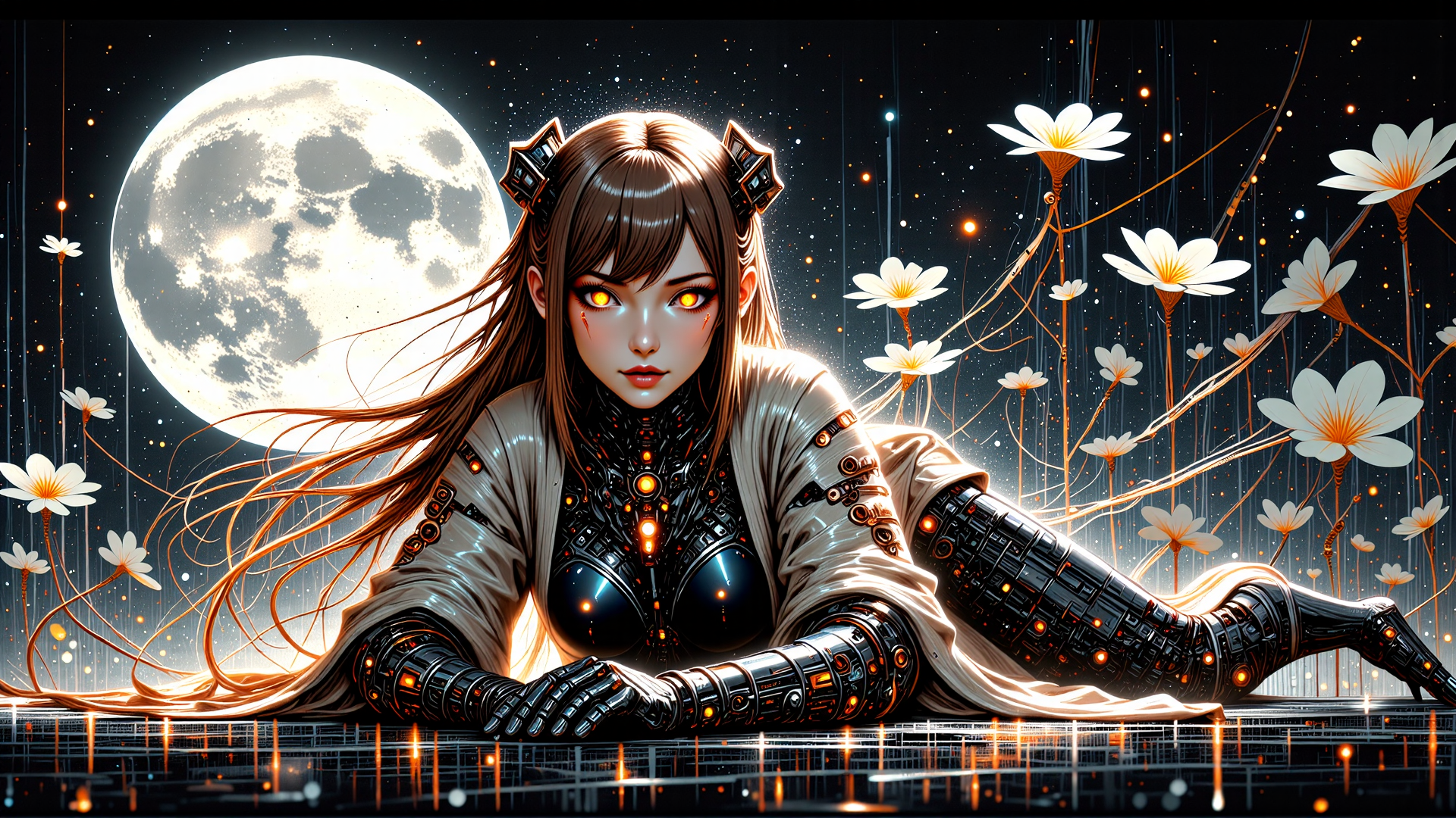 AI generated wallpaper featuring cyborg, woman, moon, flowers, robotic, gloves, ears, stars, gloved, hands