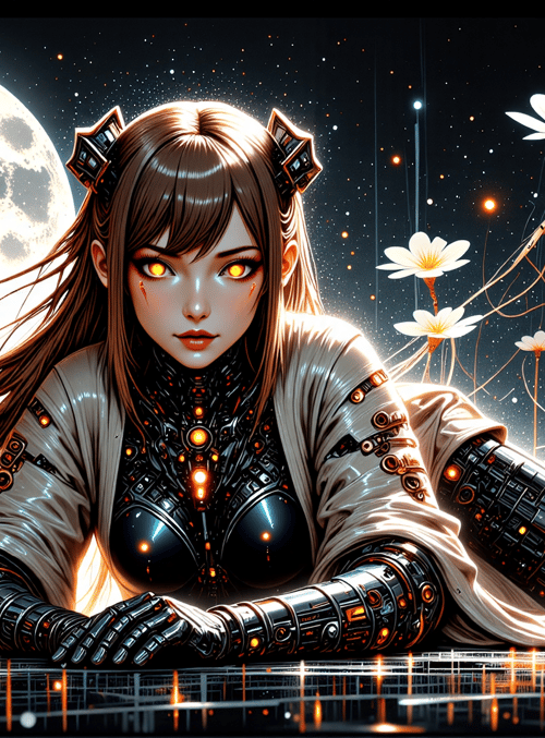 cyborg, woman, moon, flowers, robotic, gloves, ears, stars, gloved, hands