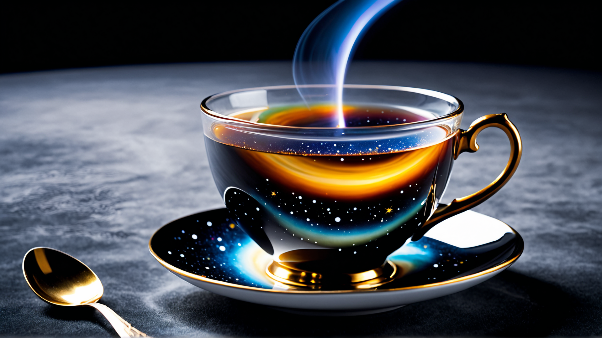 AI generated wallpaper featuring cup, saucer, spoon, universe, stars, galaxy, steam