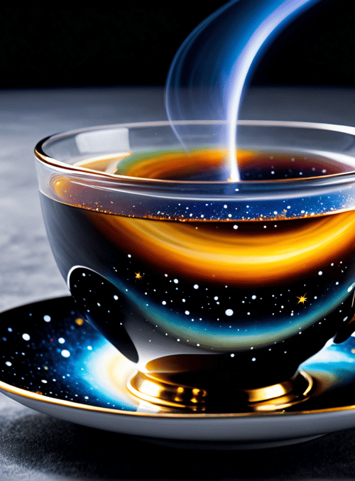 cup, saucer, spoon, universe, stars, galaxy, steam