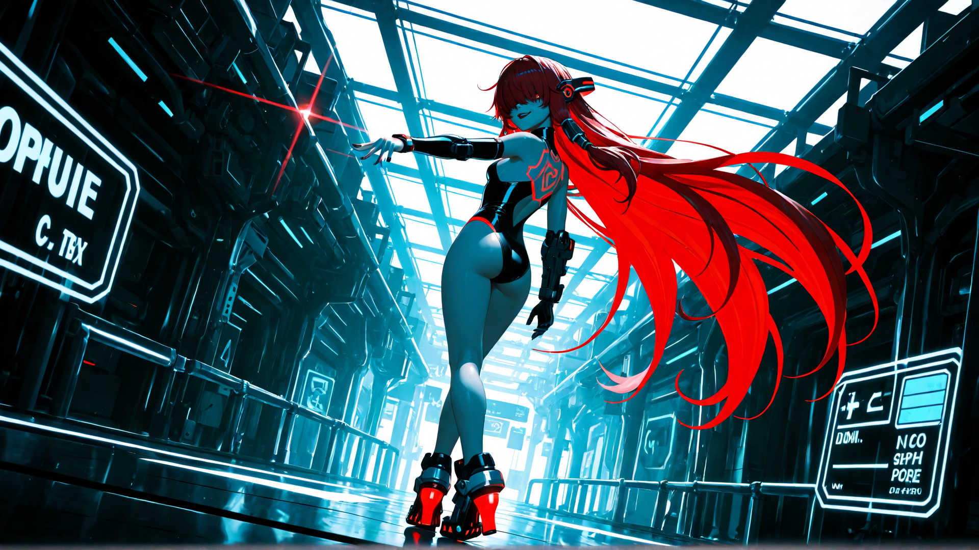 AI generated wallpaper featuring cyborg, woman, giant hair, laser, corridor