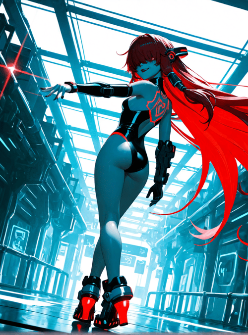 cyborg, woman, giant hair, laser, corridor