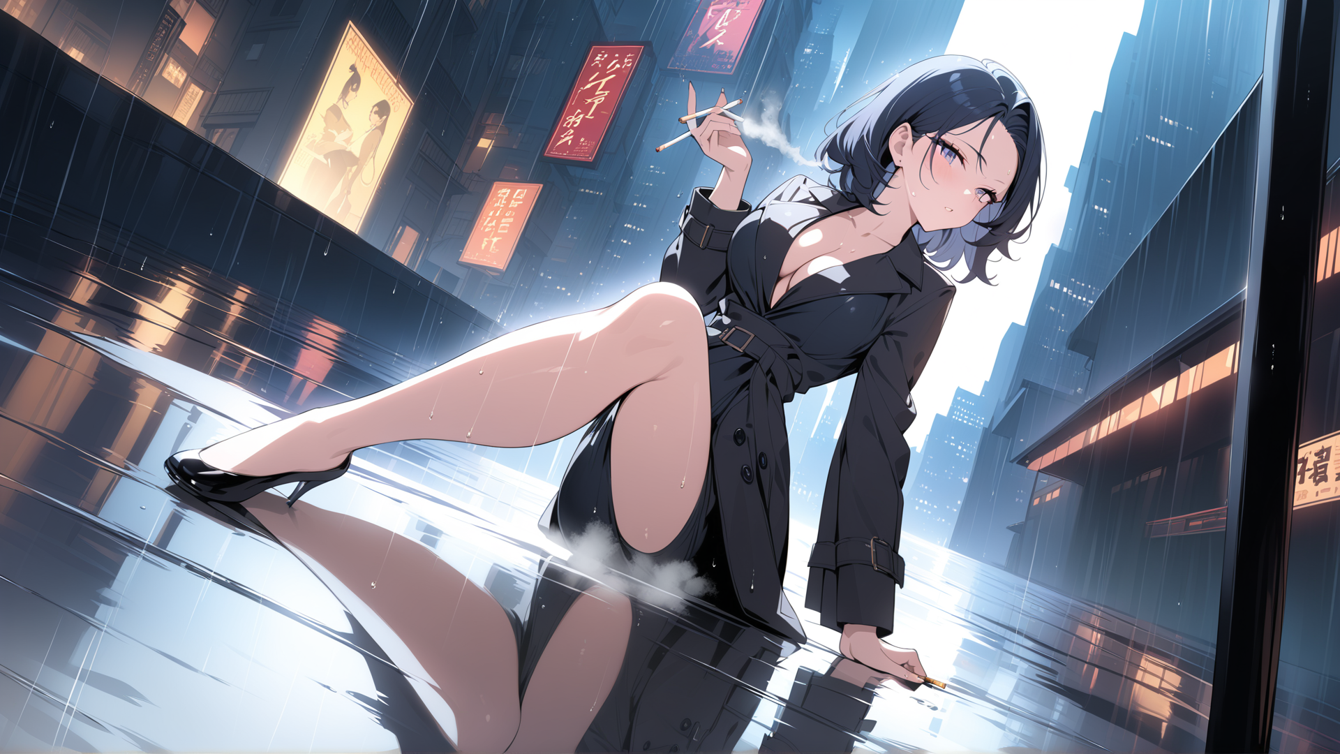 AI generated wallpaper featuring woman, city, rain
