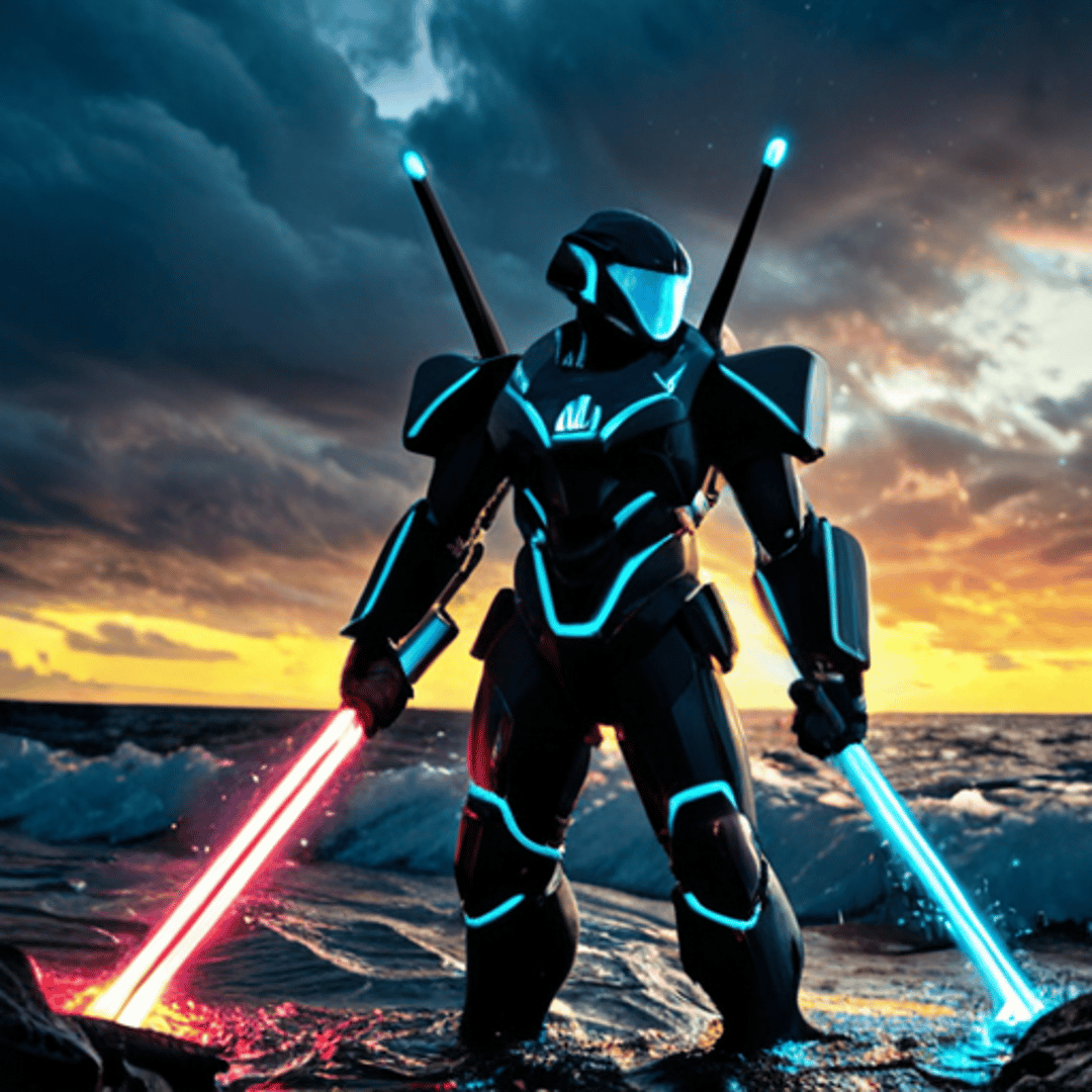 AI generated wallpaper featuring robot, saber, ocean