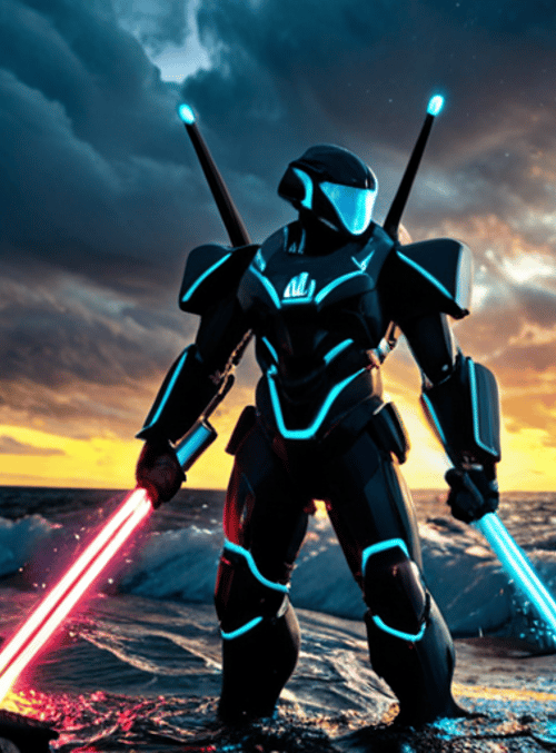 robot, saber, ocean