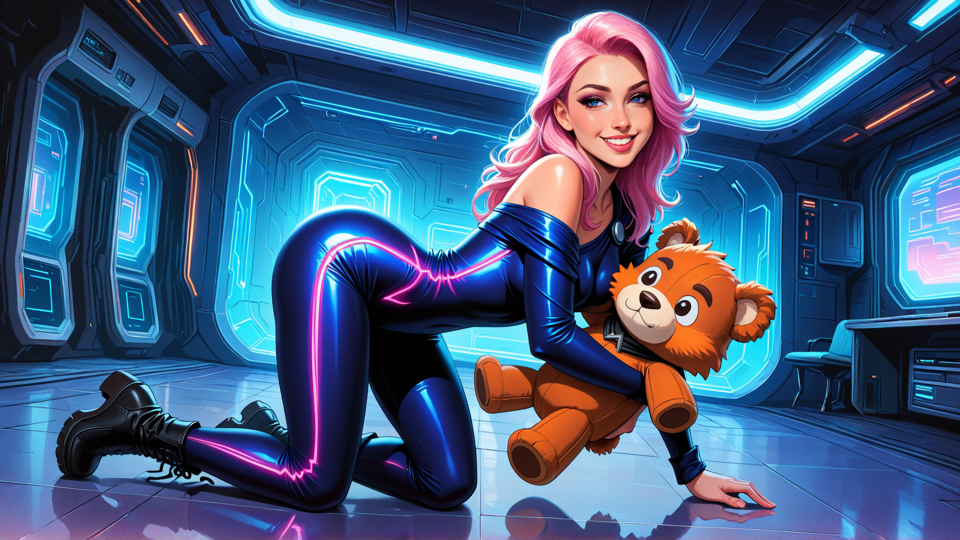 AI generated wallpaper featuring woman, teddy bear, spaceship