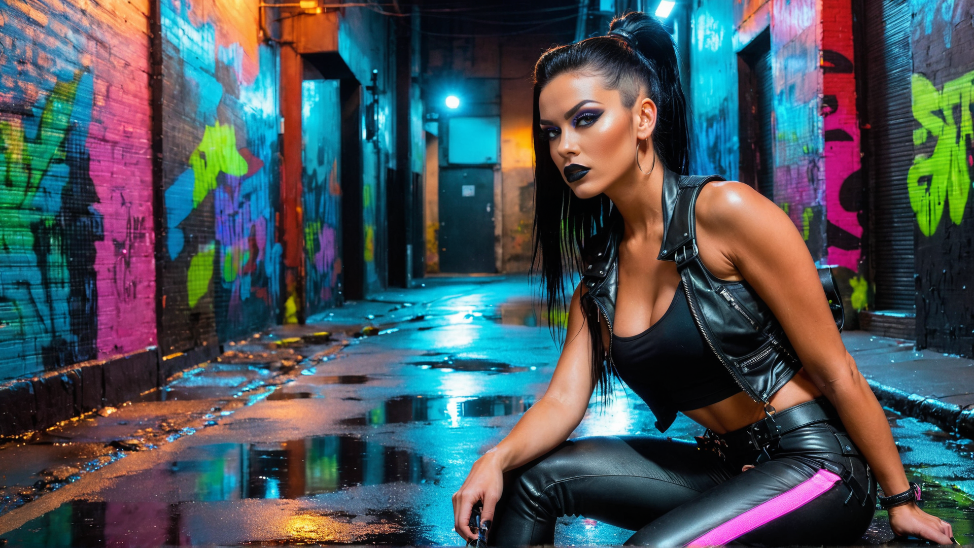 AI generated wallpaper featuring woman, graffiti, alley