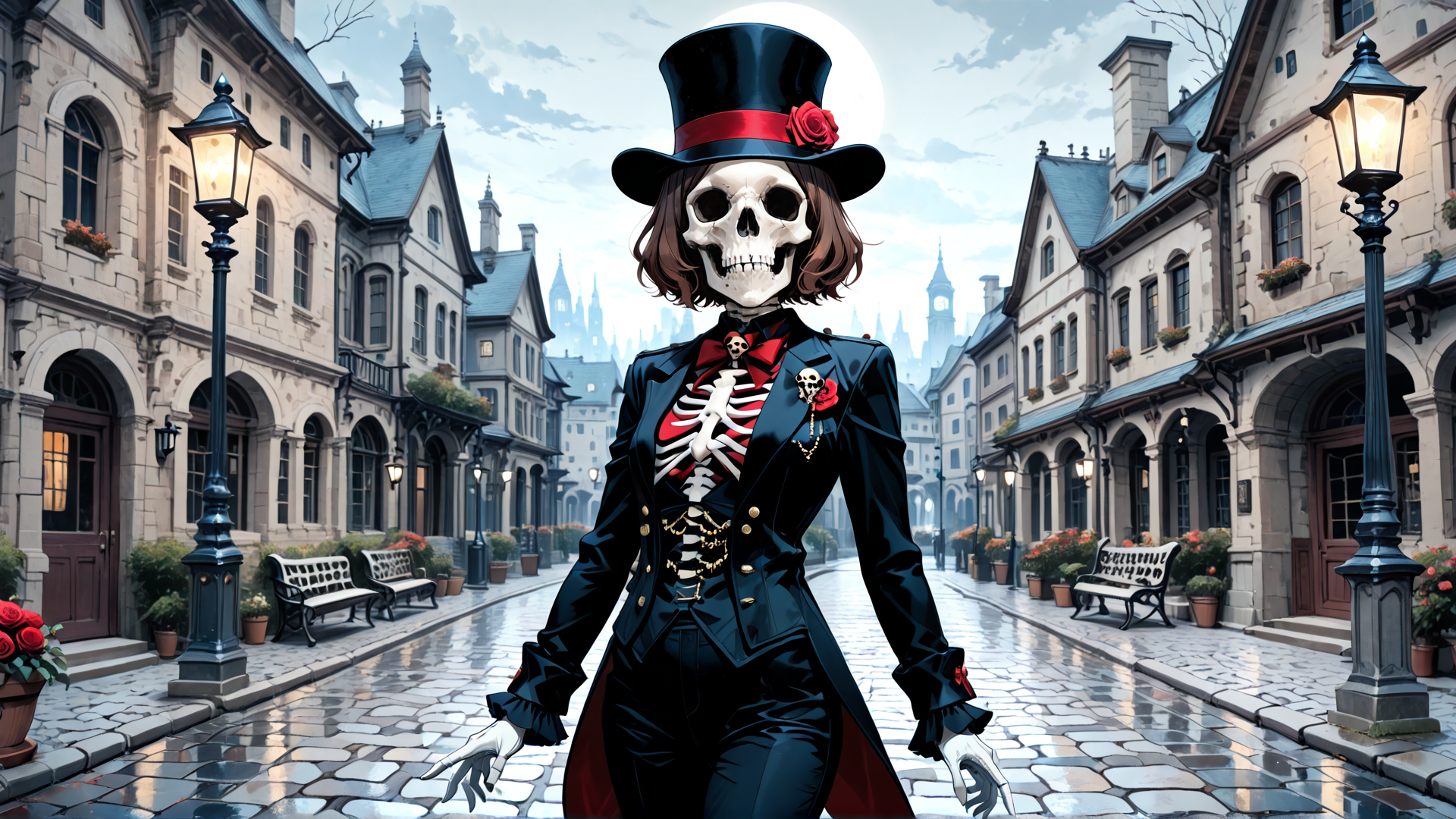 AI generated wallpaper featuring skeleton, top hat, skeleton suit, street, lanterns, buildings, moon, red rose, skull, bone