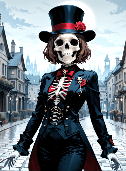 skeleton, top hat, skeleton suit, street, lanterns, buildings, moon, red rose, skull, bone