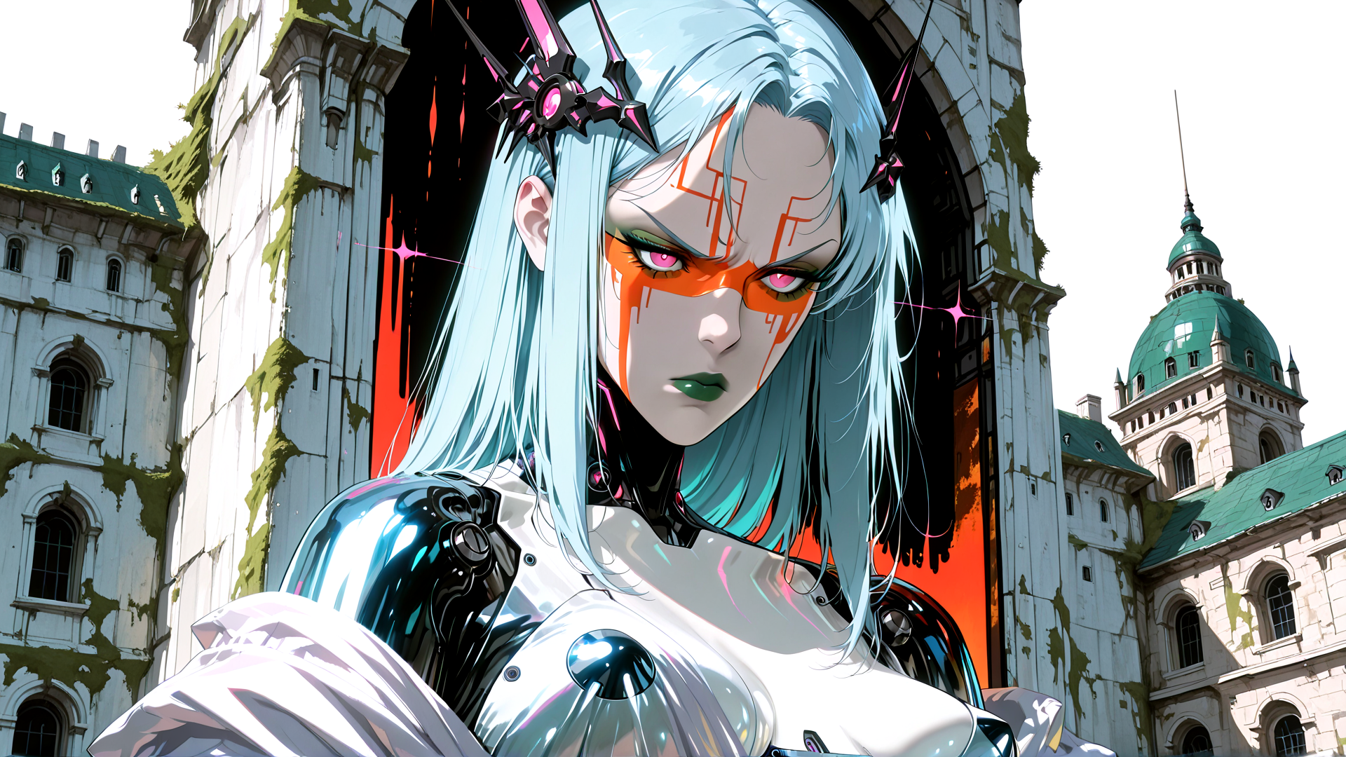 AI generated wallpaper featuring cyborg, anime character, woman, robot, armor, blue hair, glasses, building, archway, moss