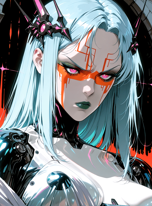cyborg, anime character, woman, robot, armor, blue hair, glasses, building, archway, moss