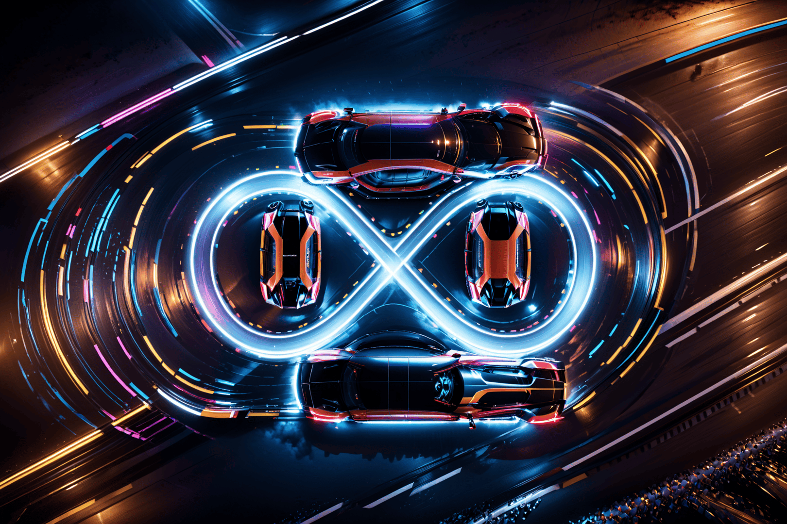 AI generated wallpaper featuring cars, neon lights, infinity symbol
