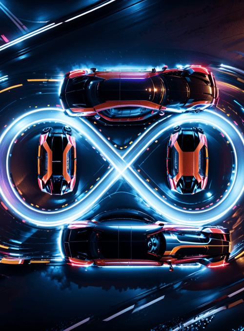 cars, neon lights, infinity symbol
