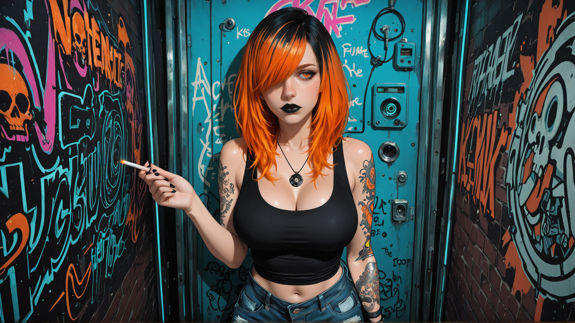 AI generated wallpaper featuring woman, graffiti, door, tattoo, cigarette, skull, neon, denim, tank top, black