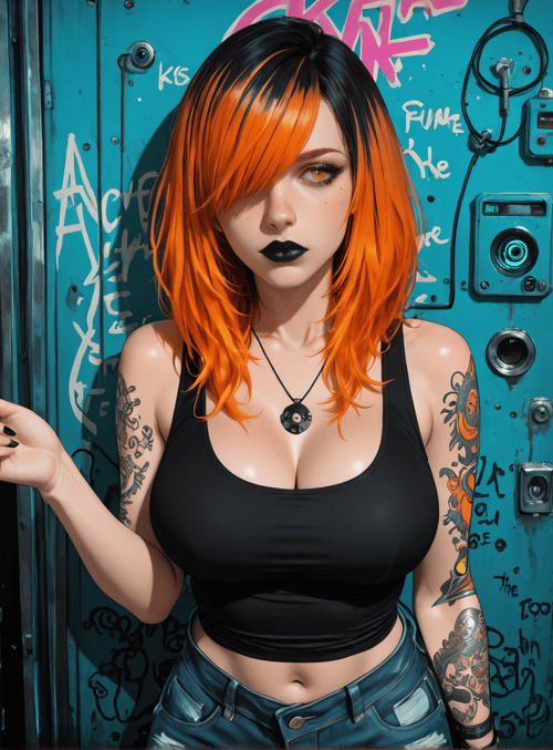 woman, graffiti, door, tattoo, cigarette, skull, neon, denim, tank top, black