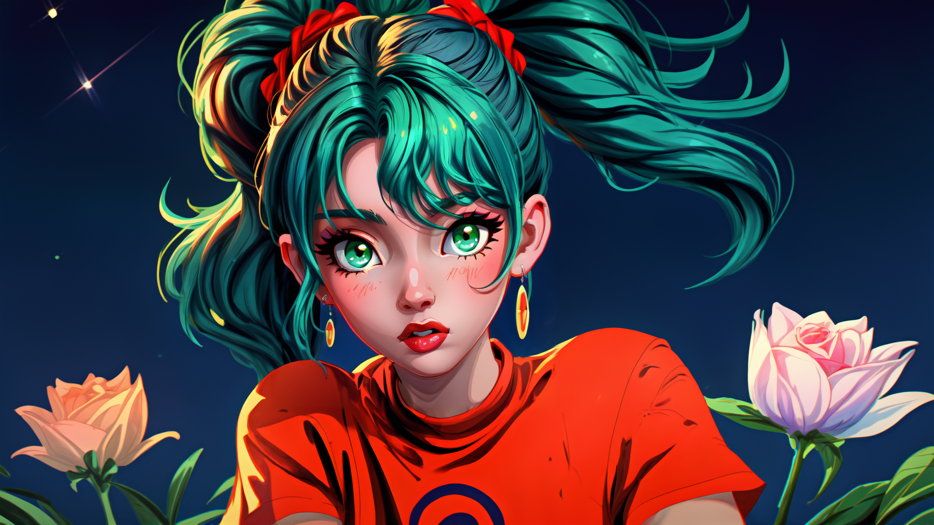 AI generated wallpaper featuring girl, roses, hair, t-shirt